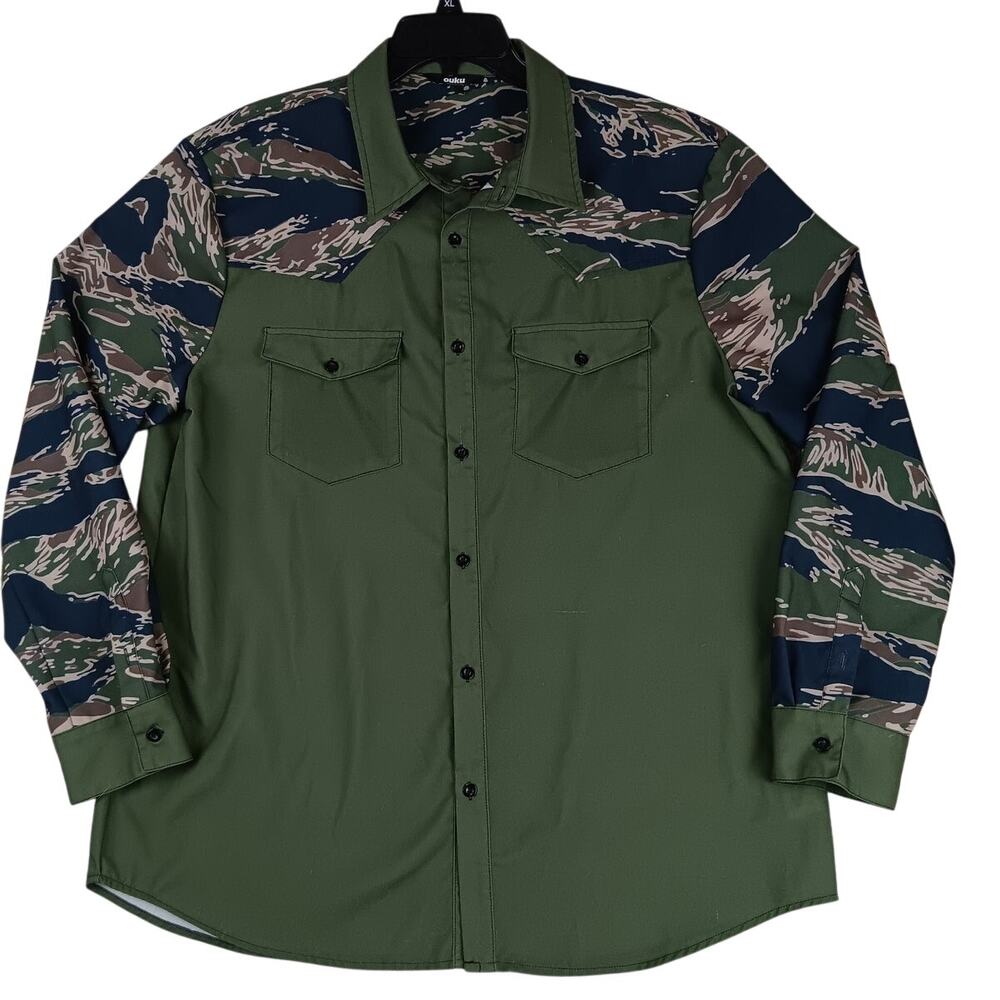 Ouku Lightweight Button Up Shirt Mens XL Green Camo Western Outdoors Long Sleeve